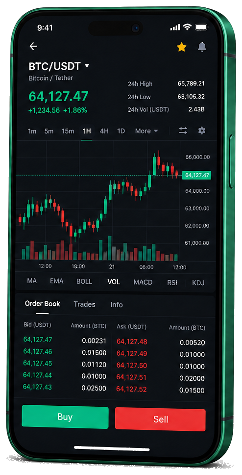 Plataforma de trading Intal+ Trade no celular — gráfico BTC/USDT ao vivo, livro de ofertas e interface de compra e venda